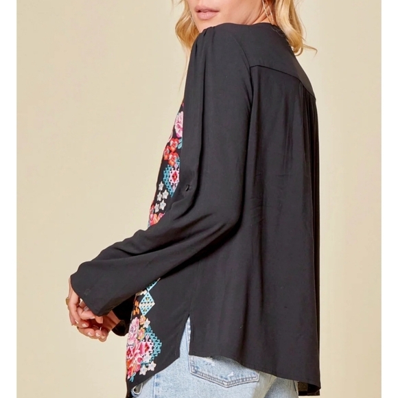Savanna Jane Pullover Tunic Top Small Black/Multicolor Floral Embroidered Boho - Picture 4 of 10